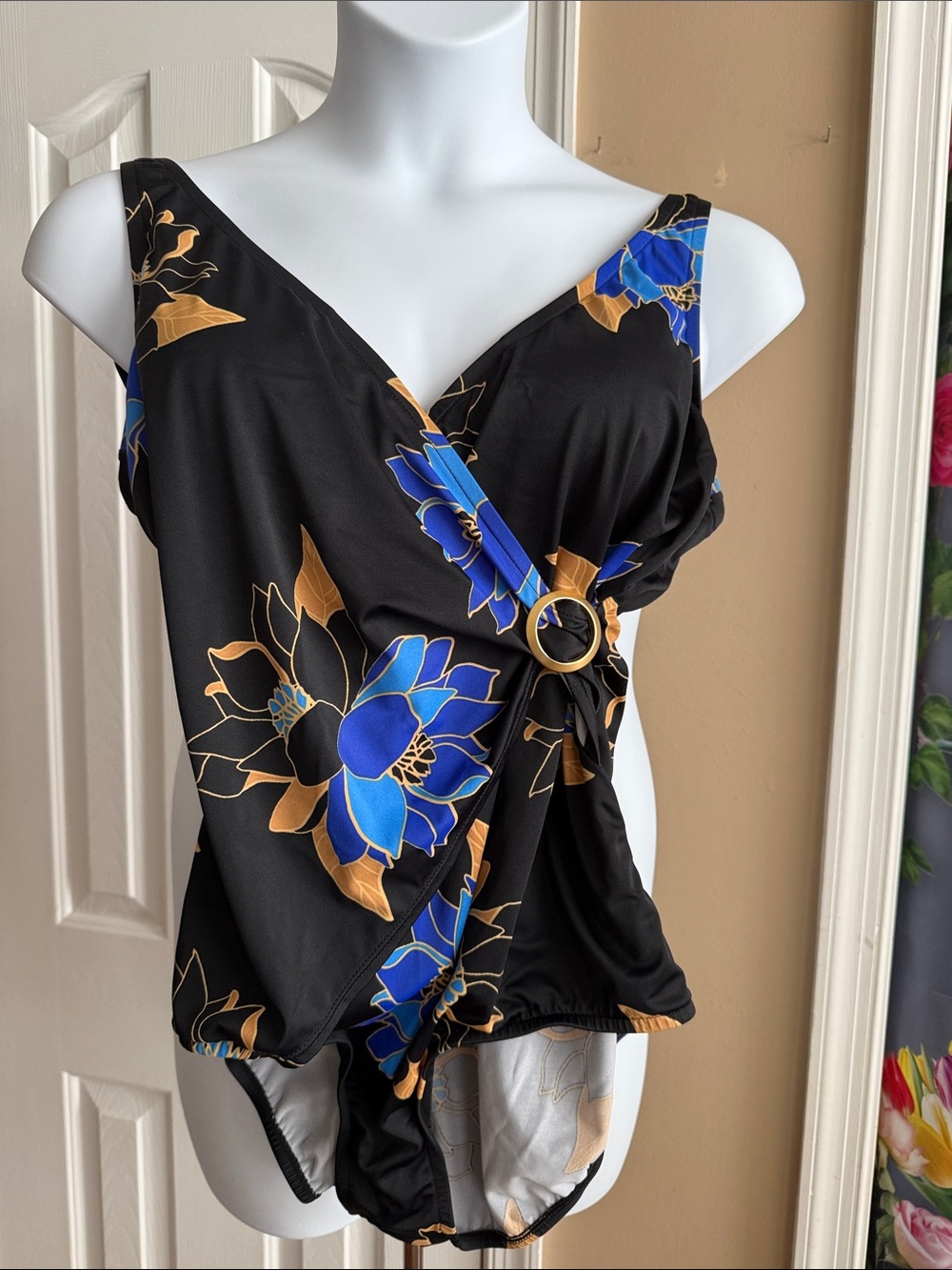 Jantzen Black Floral Wrap Swimsuit with Blue & Gold Flowers